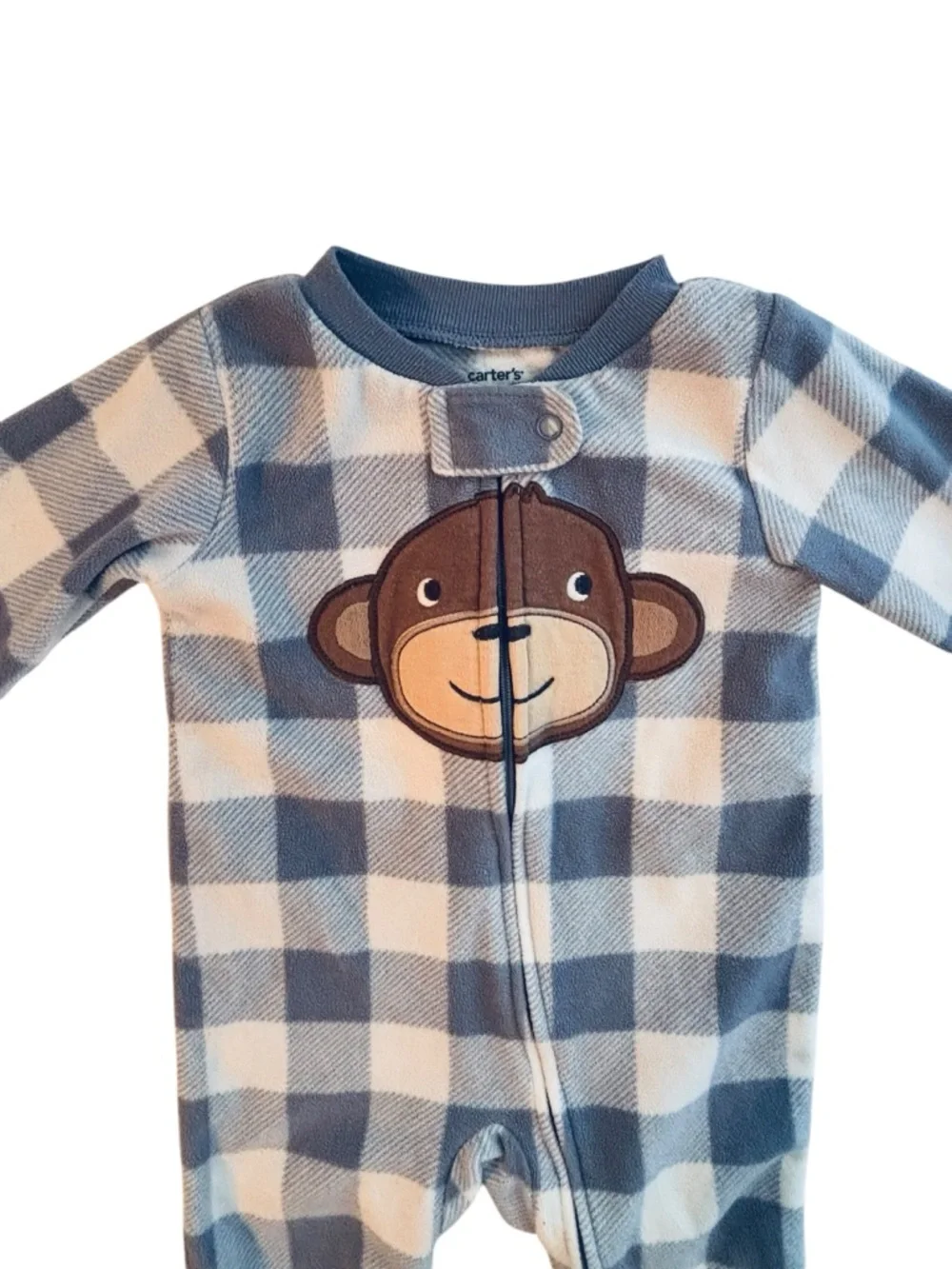 Carter's Blue and Cream Plaid Monkey Fleece Footed One-Piece 6 Months 8 0556
